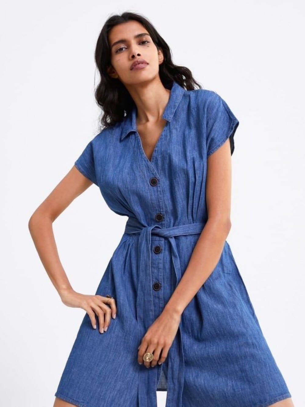 ZARA Mini Women Denim Dress Button Closure Waist Belt Stretch With Pockets